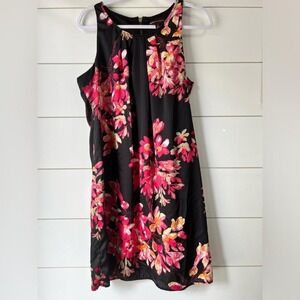 Black A-line dress with pink and orange floral print size large. Knee length.